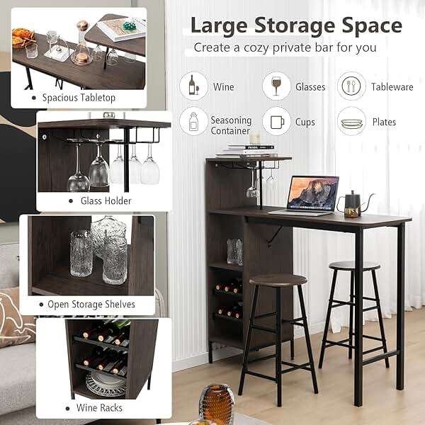 GOFLAME Bar Table Set for 2, Counter Height Dining Table Set with Shelves, Cup Holder & Wine Rack, Breakfast Table & Stools Set, 3-Piece Pub Table Set for Kitchen, Dining Room, Brown - Image 4