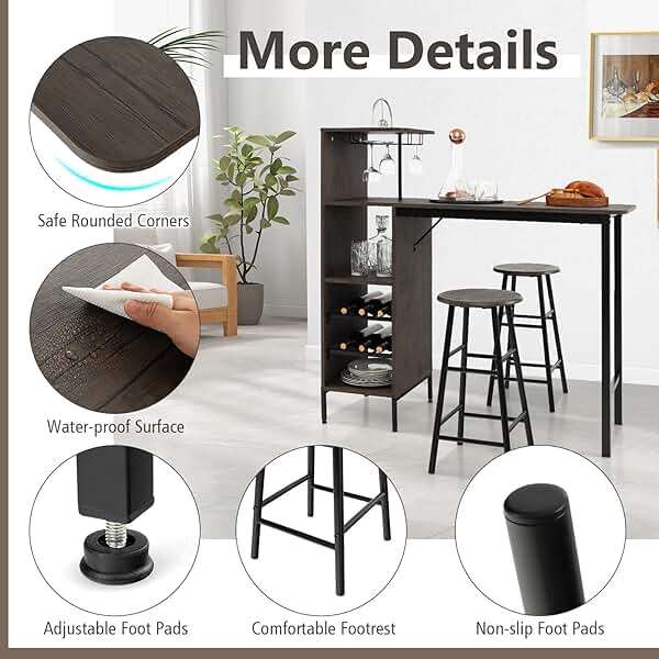GOFLAME Bar Table Set for 2, Counter Height Dining Table Set with Shelves, Cup Holder & Wine Rack, Breakfast Table & Stools Set, 3-Piece Pub Table Set for Kitchen, Dining Room, Brown - Image 5