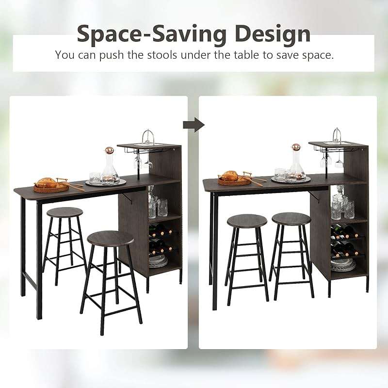 GOFLAME Bar Table Set for 2, Counter Height Dining Table Set with Shelves, Cup Holder & Wine Rack, Breakfast Table & Stools Set, 3-Piece Pub Table Set for Kitchen, Dining Room, Brown - Image 6