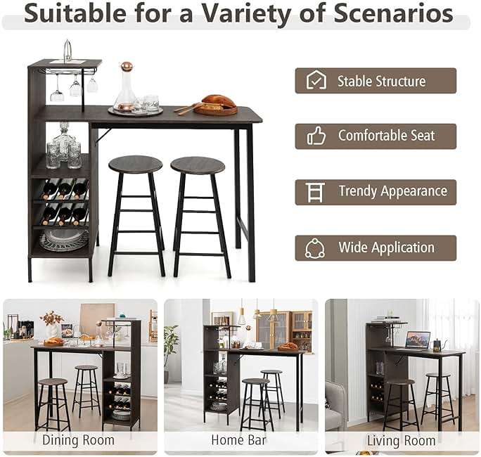 GOFLAME Bar Table Set for 2, Counter Height Dining Table Set with Shelves, Cup Holder & Wine Rack, Breakfast Table & Stools Set, 3-Piece Pub Table Set for Kitchen, Dining Room, Brown - Image 7