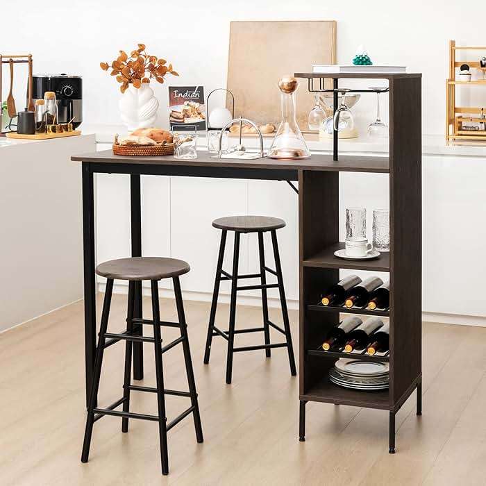 GOFLAME Bar Table Set for 2, Counter Height Dining Table Set with Shelves, Cup Holder & Wine Rack, Breakfast Table & Stools Set, 3-Piece Pub Table Set for Kitchen, Dining Room, Brown - Image 8
