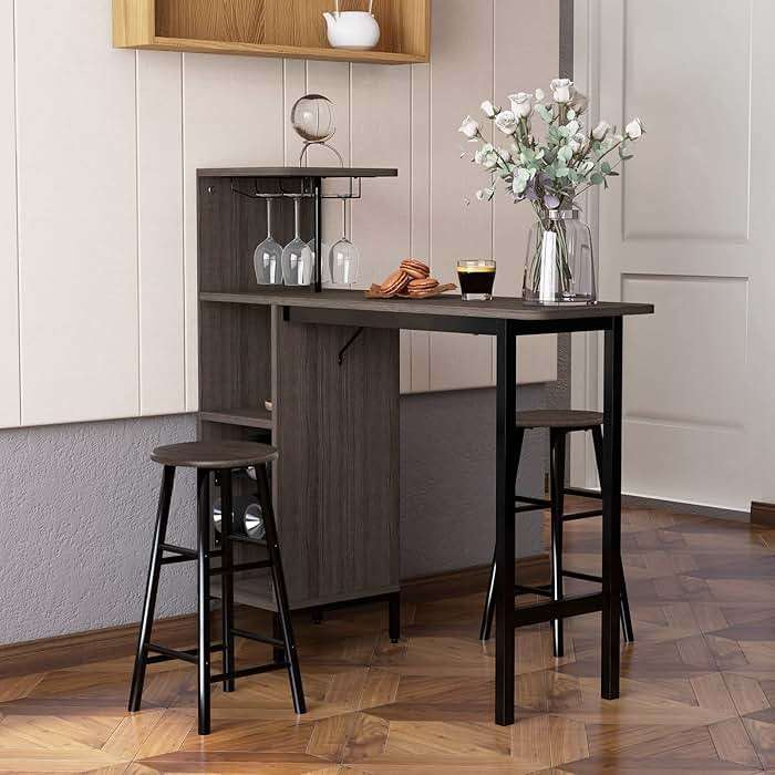 GOFLAME Bar Table Set for 2, Counter Height Dining Table Set with Shelves, Cup Holder & Wine Rack, Breakfast Table & Stools Set, 3-Piece Pub Table Set for Kitchen, Dining Room, Brown - Image 9