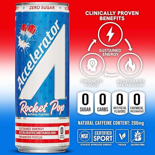 Accelerator Active Energy Drink, Rocket Pop 12oz can (12 pack) | Zero Sugar, Sustained Energy from 100% Natural Caffeine (200mg from Green Coffee Bean & Green Tea extract) - Image 4