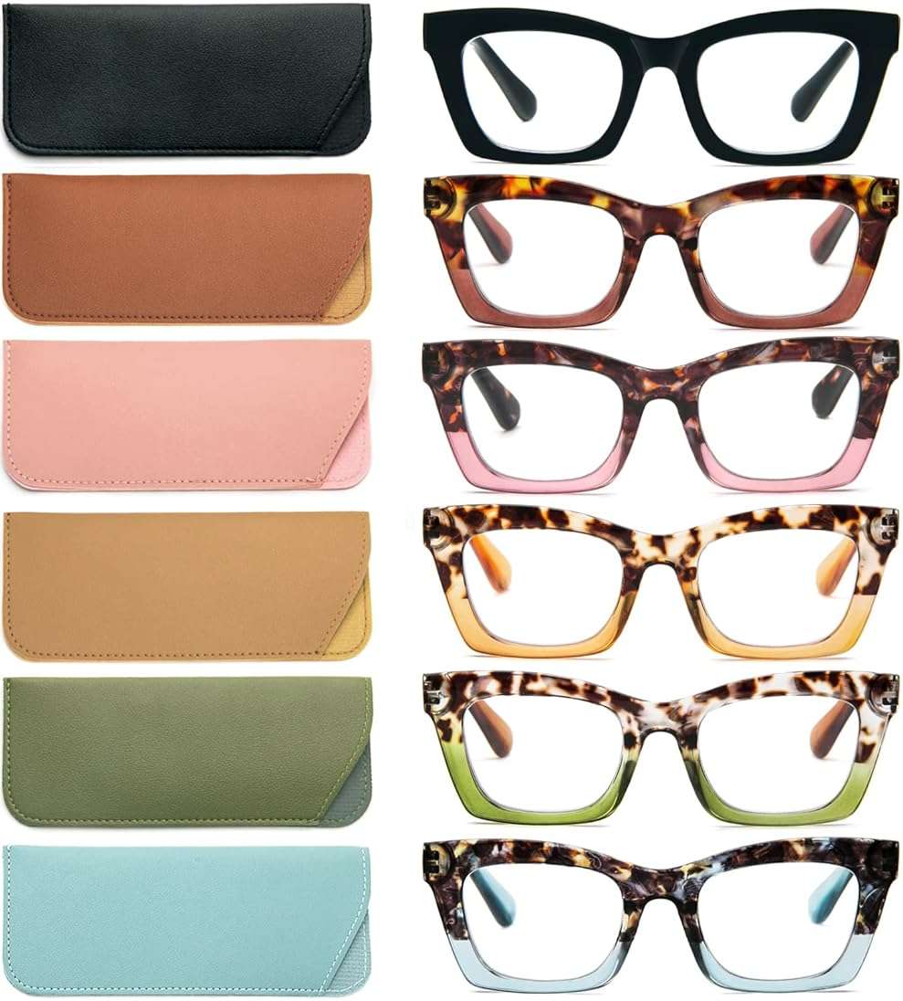 REAVEE 6 Pack Reading Glasses for Women Blue Light Blocking, Cute Square Computer Readers with Spring Hinge - Image 1