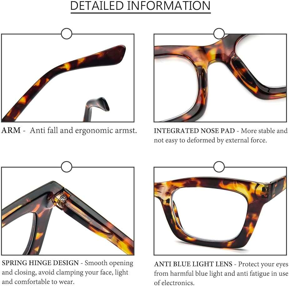 REAVEE 6 Pack Reading Glasses for Women Blue Light Blocking, Cute Square Computer Readers with Spring Hinge - Image 4