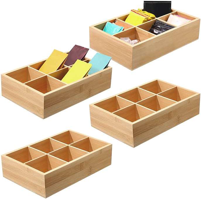 Maitys 4 Pcs Bamboo Divided Storage Organizer Bamboo Container with 6 Compartments Food Storage Bin Wooden Tea Drawer Box Bin Holder Case for Snacks Tea Bags Coffee Sugar - Image 1