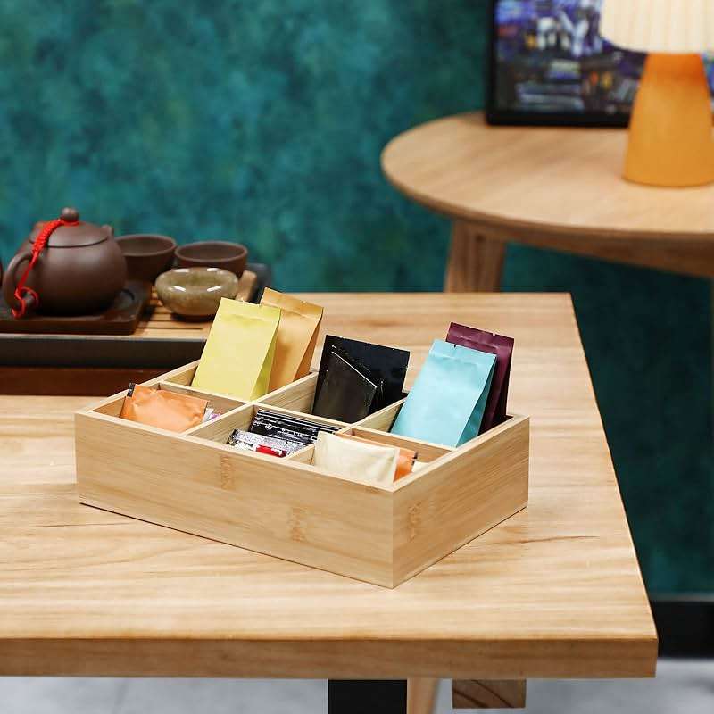 Maitys 4 Pcs Bamboo Divided Storage Organizer Bamboo Container with 6 Compartments Food Storage Bin Wooden Tea Drawer Box Bin Holder Case for Snacks Tea Bags Coffee Sugar - Image 2