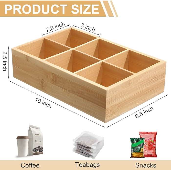 Maitys 4 Pcs Bamboo Divided Storage Organizer Bamboo Container with 6 Compartments Food Storage Bin Wooden Tea Drawer Box Bin Holder Case for Snacks Tea Bags Coffee Sugar - Image 3