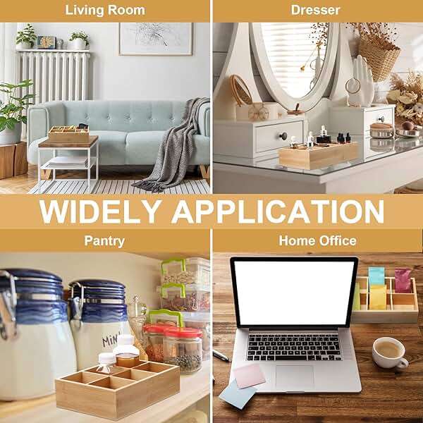 Maitys 4 Pcs Bamboo Divided Storage Organizer Bamboo Container with 6 Compartments Food Storage Bin Wooden Tea Drawer Box Bin Holder Case for Snacks Tea Bags Coffee Sugar - Image 5