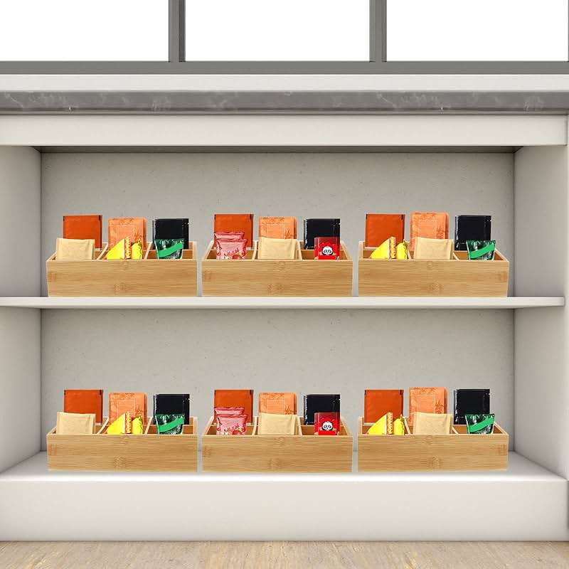 Maitys 4 Pcs Bamboo Divided Storage Organizer Bamboo Container with 6 Compartments Food Storage Bin Wooden Tea Drawer Box Bin Holder Case for Snacks Tea Bags Coffee Sugar - Image 7