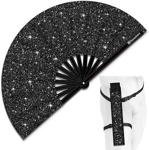 Raveahem Glitter Large Rave Folding Clack Hand Fan with Holster, Popping Handheld Fan Foldable for Men Women for EDM Festival Club Party Dance, (Black, Large 13") - Image 1
