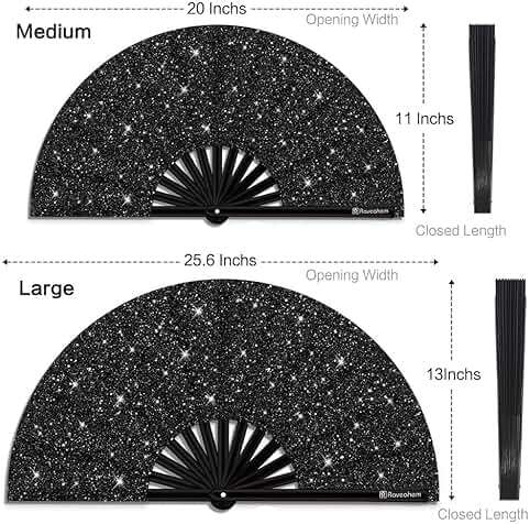 Raveahem Glitter Large Rave Folding Clack Hand Fan with Holster, Popping Handheld Fan Foldable for Men Women for EDM Festival Club Party Dance, (Black, Large 13") - Image 2