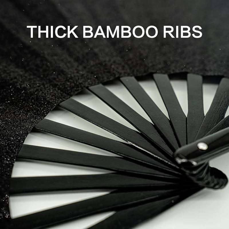 Raveahem Glitter Large Rave Folding Clack Hand Fan with Holster, Popping Handheld Fan Foldable for Men Women for EDM Festival Club Party Dance, (Black, Large 13") - Image 4