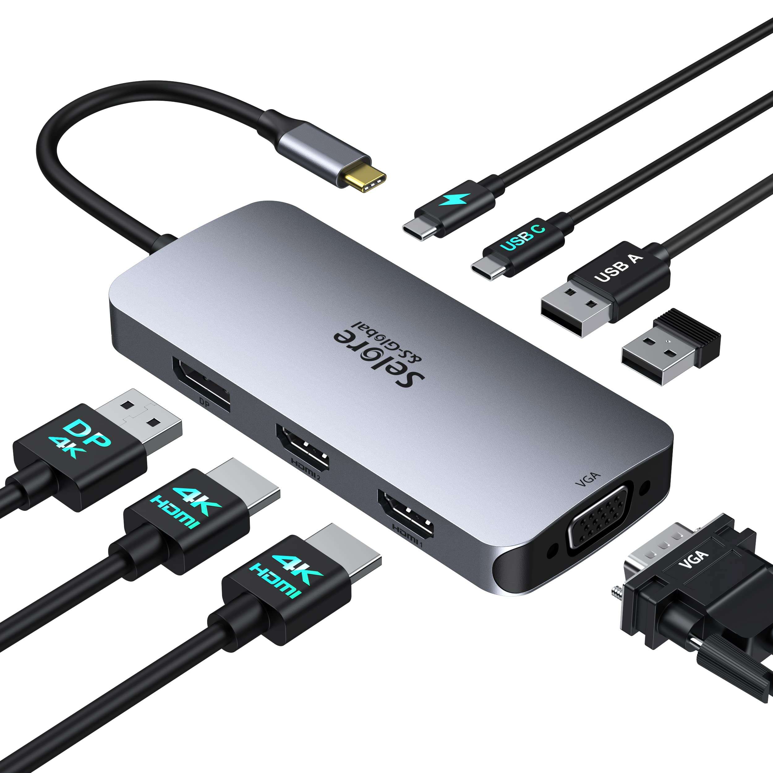 USB C Docking Station Dual HDMI Monitor Adapter, Selore USB C Hub 3 Monitors with Dual HDMI, Displayport, VGA, 100W PD Charging, 3USB 2.0 Ports Adapter for Dell XPS, HP, Lenovo, etc - Image 1