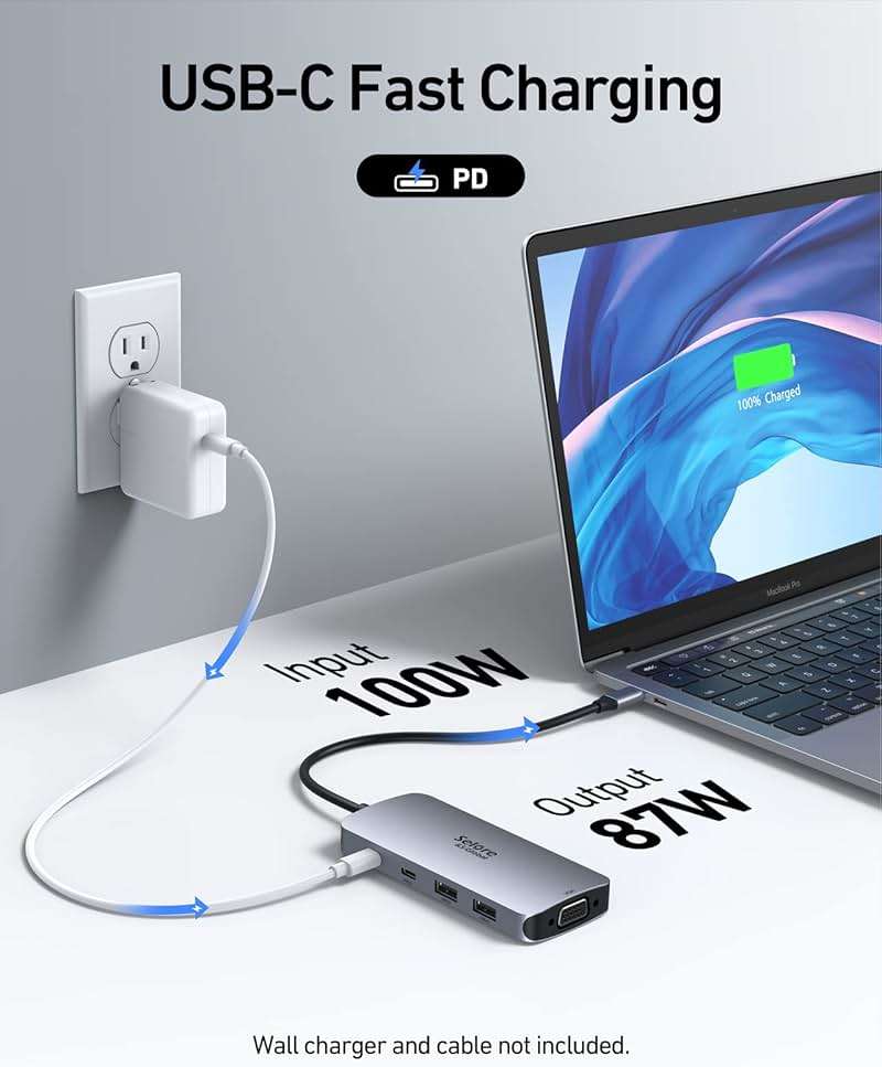 USB C Docking Station Dual HDMI Monitor Adapter, Selore USB C Hub 3 Monitors with Dual HDMI, Displayport, VGA, 100W PD Charging, 3USB 2.0 Ports Adapter for Dell XPS, HP, Lenovo, etc - Image 6