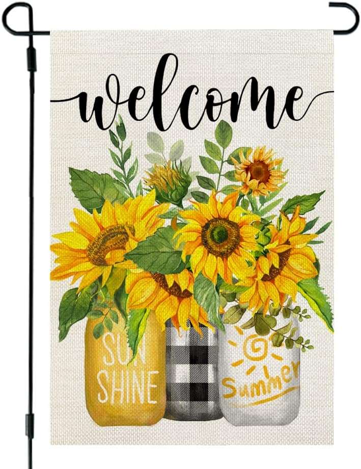 CROWNED BEAUTY Summer Sunflower Garden Flag Mason Jar Double Sided 12x18 Inches Small Burlap Seasonal Welcome Yard Porch Decoration for Outside - Image 1