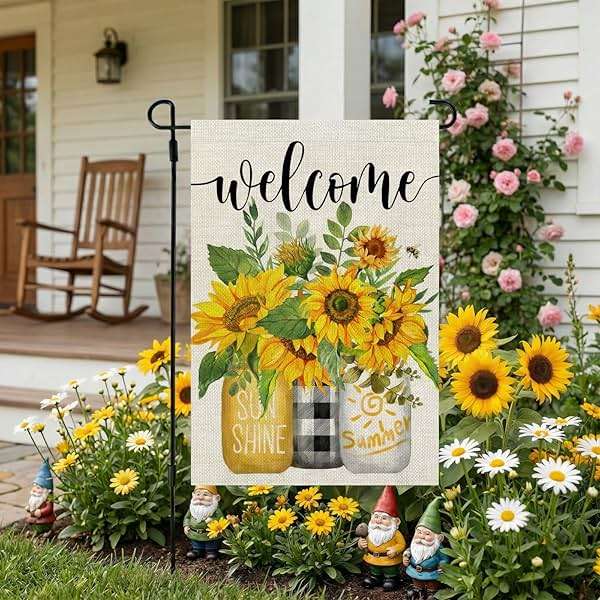 CROWNED BEAUTY Summer Sunflower Garden Flag Mason Jar Double Sided 12x18 Inches Small Burlap Seasonal Welcome Yard Porch Decoration for Outside - Image 2