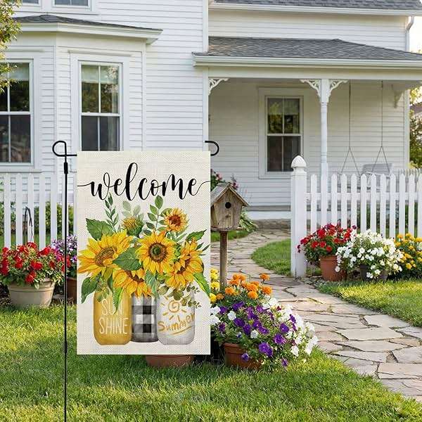 CROWNED BEAUTY Summer Sunflower Garden Flag Mason Jar Double Sided 12x18 Inches Small Burlap Seasonal Welcome Yard Porch Decoration for Outside - Image 4