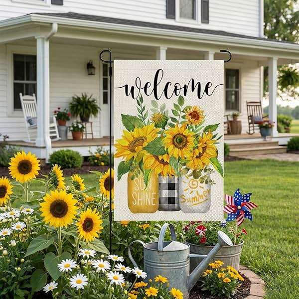 CROWNED BEAUTY Summer Sunflower Garden Flag Mason Jar Double Sided 12x18 Inches Small Burlap Seasonal Welcome Yard Porch Decoration for Outside - Image 5
