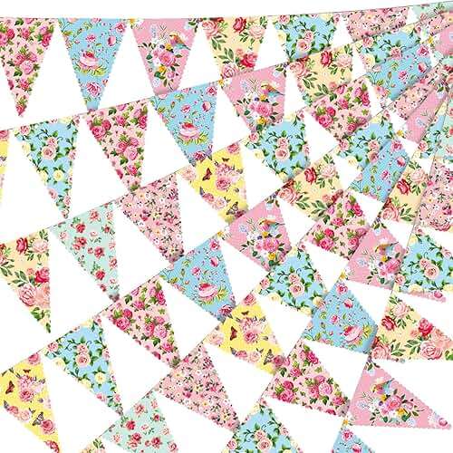 Faccito 49 Ft 60 Pcs Tea Floral Party Paper Bunting Decor Outdoor Bunting Banner Floral Pennant Wildflower Garland Tea Party Birthday Supplies for Wonderland Garden Baby Shower Bridal Wedding Bedroom - Image 1