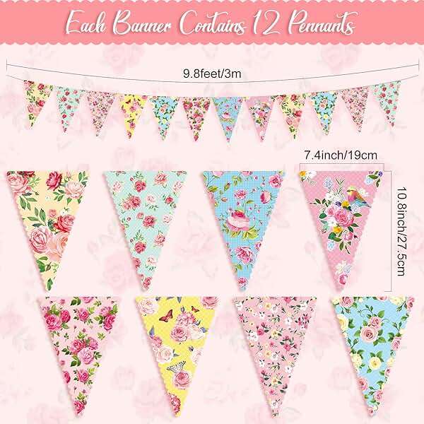 Faccito 49 Ft 60 Pcs Tea Floral Party Paper Bunting Decor Outdoor Bunting Banner Floral Pennant Wildflower Garland Tea Party Birthday Supplies for Wonderland Garden Baby Shower Bridal Wedding Bedroom - Image 3