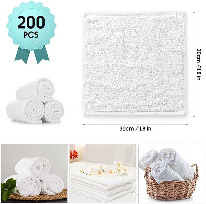 Buryeah 200 Pieces Cotton Washcloths 100% Ring Spun Cotton Wash Cloths Bulk Absorbent and Soft Feel White Towels for Bathroom, Spa, Gym and Face Cleaning (12 x 12 Inches) - Image 3
