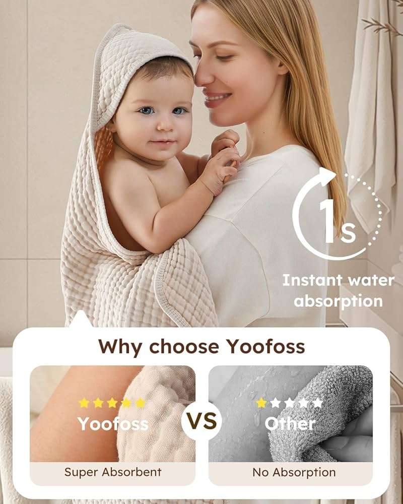 Yoofoss Hooded Baby Towels for Newborn 2 Pack 100% Muslin Organic Cotton Baby Bath Towel with Hood for Babies, Infant, Toddler and Kids, 32x32Inch, Soft and Absorbent Newborn Essential, Beige&Coffee - Image 2