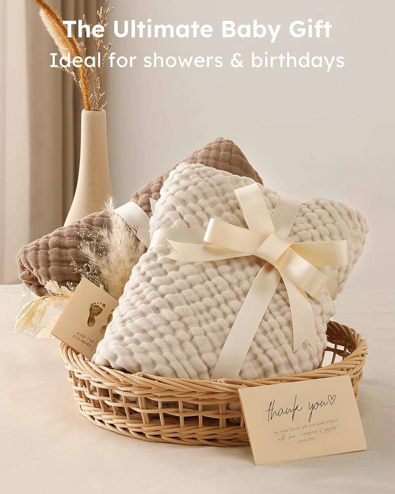 Yoofoss Hooded Baby Towels for Newborn 2 Pack 100% Muslin Organic Cotton Baby Bath Towel with Hood for Babies, Infant, Toddler and Kids, 32x32Inch, Soft and Absorbent Newborn Essential, Beige&Coffee - Image 4