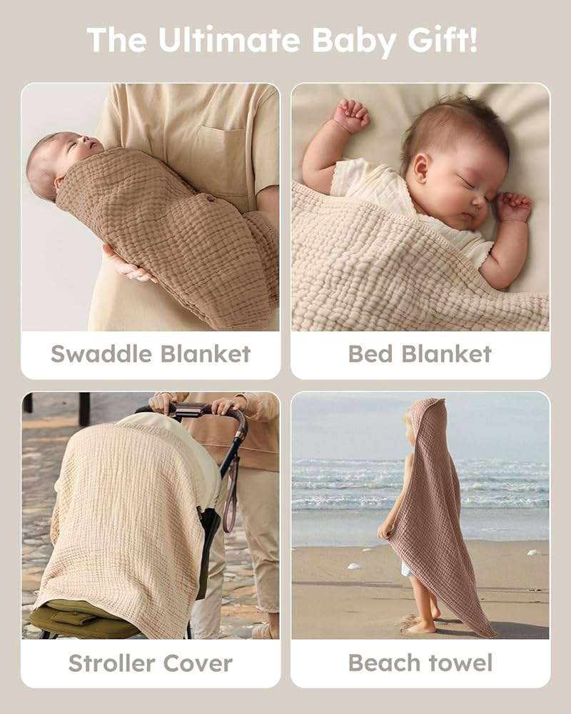 Yoofoss Hooded Baby Towels for Newborn 2 Pack 100% Muslin Organic Cotton Baby Bath Towel with Hood for Babies, Infant, Toddler and Kids, 32x32Inch, Soft and Absorbent Newborn Essential, Beige&Coffee - Image 5