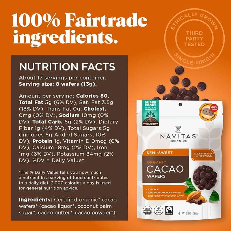 Navitas Organics Semi-sweet Cacao Wafers – 60% Cocoa – Dark Chocolate for Baking & Snacking – Ethically Sourced Chocolate – USDA Organic, Fairtrade, Non GMO, Gluten Free (8oz. Bag, 17 Servings) - Image 2