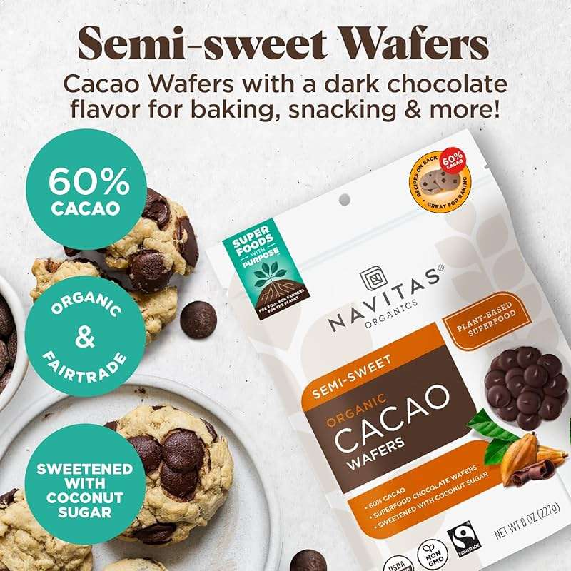 Navitas Organics Semi-sweet Cacao Wafers – 60% Cocoa – Dark Chocolate for Baking & Snacking – Ethically Sourced Chocolate – USDA Organic, Fairtrade, Non GMO, Gluten Free (8oz. Bag, 17 Servings) - Image 3