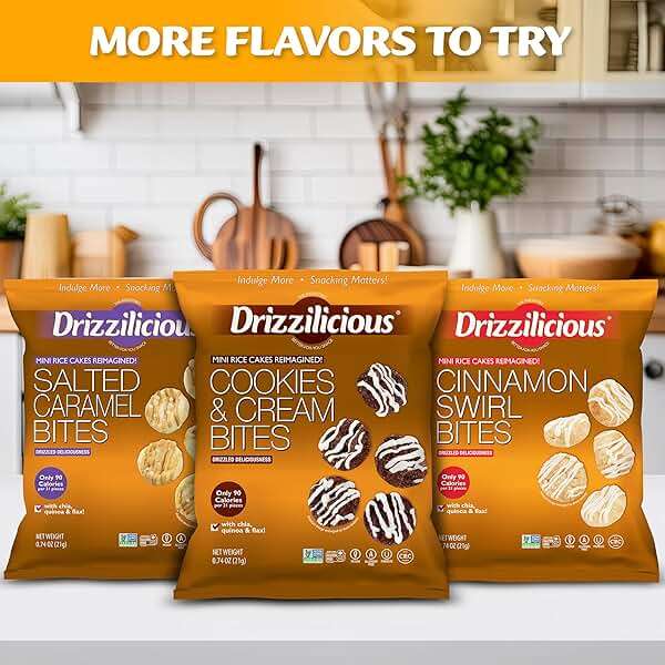 Drizzilicious Mini Rice Cakes Variety Pack - Rice Crisps, Healthy Snack for Adults and Kids, Flavored Rice Cakes, Vegan, Gluten Free, Allergen Free, Only 90 Calories Per Bag - .74 oz (Pack of 32) - Image 7