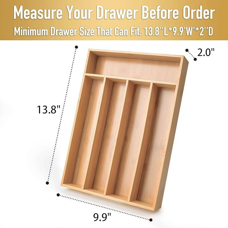 Besilord Silverware Organizer Kitchen Drawer Organizer Utensil Organizer Bamboo Silverware Holder Cutlery Organizer in Drawer Flatware Organizer Tray(5 slots, Natural - Image 2