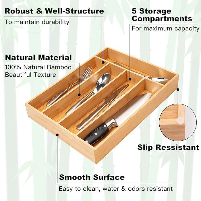 Besilord Silverware Organizer Kitchen Drawer Organizer Utensil Organizer Bamboo Silverware Holder Cutlery Organizer in Drawer Flatware Organizer Tray(5 slots, Natural - Image 3