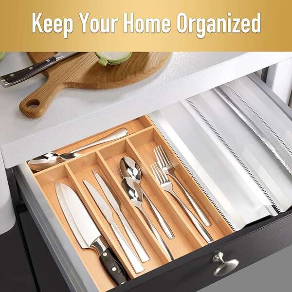 Besilord Silverware Organizer Kitchen Drawer Organizer Utensil Organizer Bamboo Silverware Holder Cutlery Organizer in Drawer Flatware Organizer Tray(5 slots, Natural - Image 5