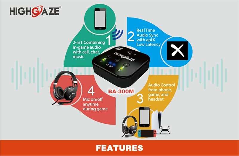 HIGHGAZE Bluetooth Chat & Play Audio Mixer Accessory for Switch 2 Game Streaming with Smartphone & PS4 PS5 or Xbox, Discord, Voice call to Headset with aptX Audio, Adjust Game Volume Balance - Image 3