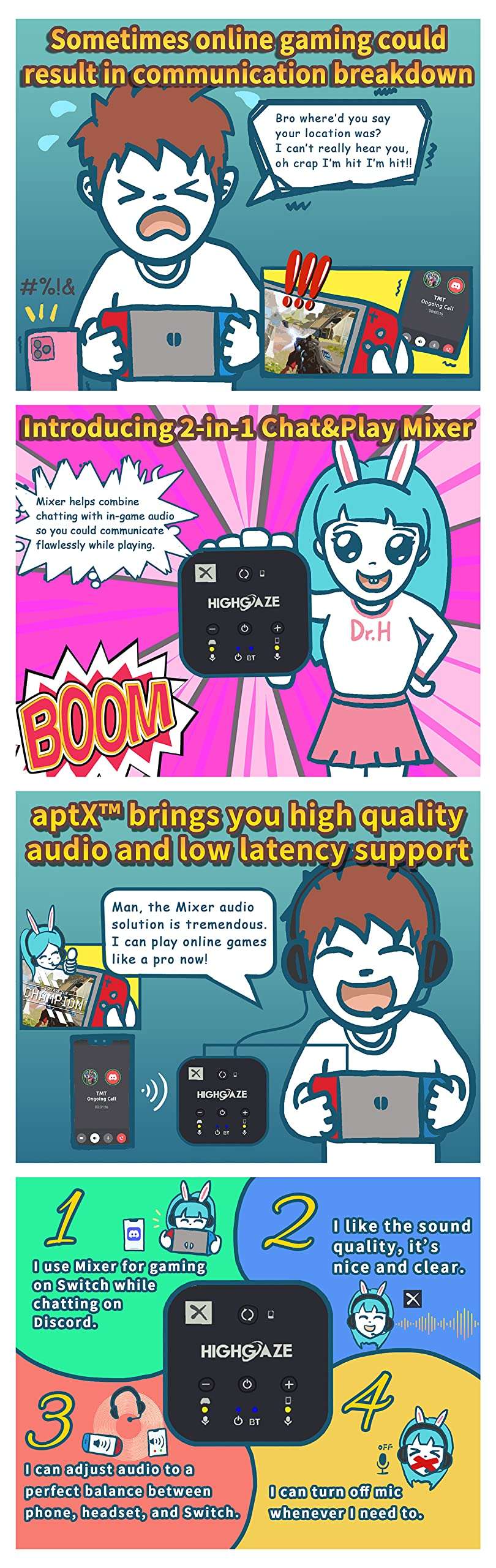 HIGHGAZE Bluetooth Chat & Play Audio Mixer Accessory for Switch 2 Game Streaming with Smartphone & PS4 PS5 or Xbox, Discord, Voice call to Headset with aptX Audio, Adjust Game Volume Balance - Image 6
