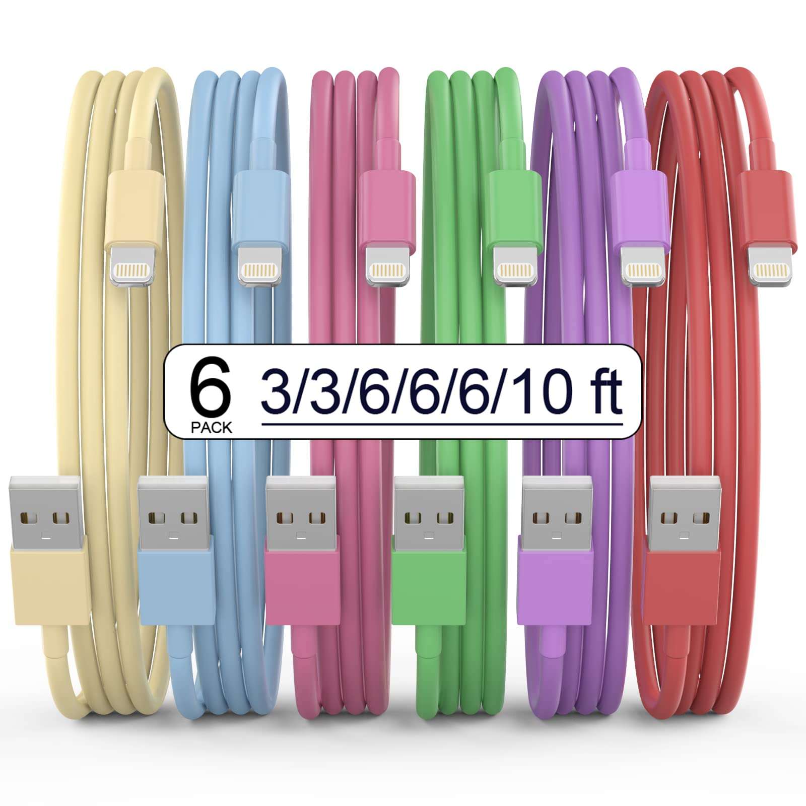 [Apple MFi Certified] iPhone Charger, 6Pack(3/3/6/6/6/10 FT) Lightning Cable Apple Charging Fast High Speed USB Compatible 14/13/12/11 Pro Max/XS MAX/XR/XS/X/8-multicolor - Image 1