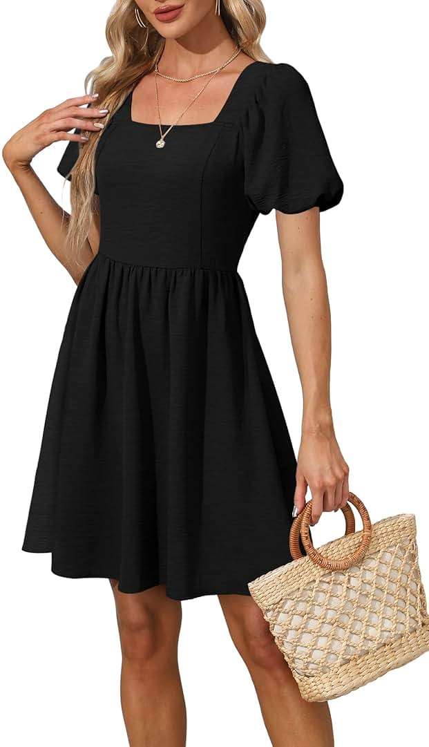 OFEEFAN Women Puff Sleeve Square Neck Tie in Back Dresses with Zipper - Image 4