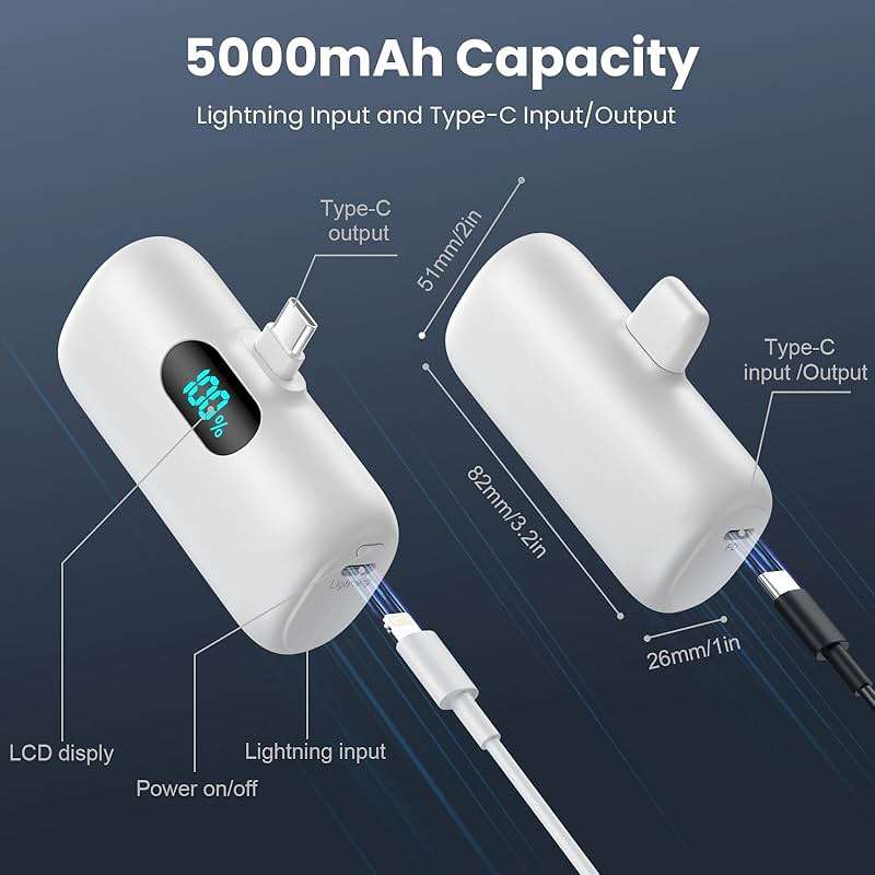 [2-Pack] Mini Portable Charger 5000mAh Power Bank,3A PD USB C Cell Phone Portable Power, LCD Display Battery Pack Compatible with iPhone 17/17 Air/16/16 pro/15/15 pro Max/Android/Samsung/Moto/LG etc - Image 7