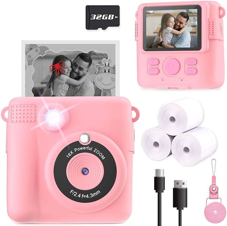 ESOXOFFORE Instant Print Camera for Kids, Christmas Birthday Gifts Girls Boys Age 3-12, HD Digital Video Cameras Toddler, Portable Toy 3 4 5 6 7 8 9 10 Year Old Girl with 32GB SD Card-Pink - Image 1