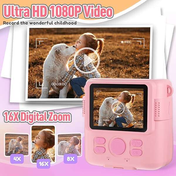 ESOXOFFORE Instant Print Camera for Kids, Christmas Birthday Gifts Girls Boys Age 3-12, HD Digital Video Cameras Toddler, Portable Toy 3 4 5 6 7 8 9 10 Year Old Girl with 32GB SD Card-Pink - Image 4