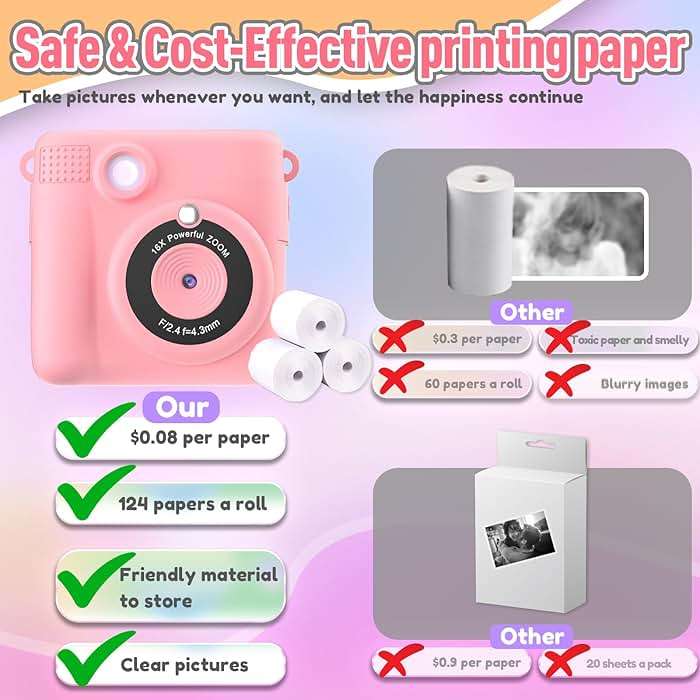 ESOXOFFORE Instant Print Camera for Kids, Christmas Birthday Gifts Girls Boys Age 3-12, HD Digital Video Cameras Toddler, Portable Toy 3 4 5 6 7 8 9 10 Year Old Girl with 32GB SD Card-Pink - Image 5