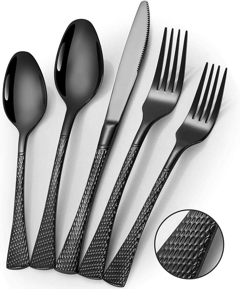 Lemeya Hammered Black Silverware Set,20 Piece Modern Flatware Set Service for 4,Mirror Polished Stainless Steel Cutlery Set Utensil Set Tableware Set,Kitchen Knives Forks Spoons Set,Dishwasher Safe - Image 1
