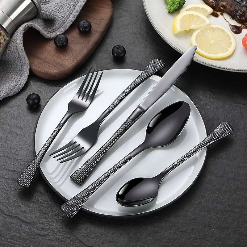 Lemeya Hammered Black Silverware Set,20 Piece Modern Flatware Set Service for 4,Mirror Polished Stainless Steel Cutlery Set Utensil Set Tableware Set,Kitchen Knives Forks Spoons Set,Dishwasher Safe - Image 2