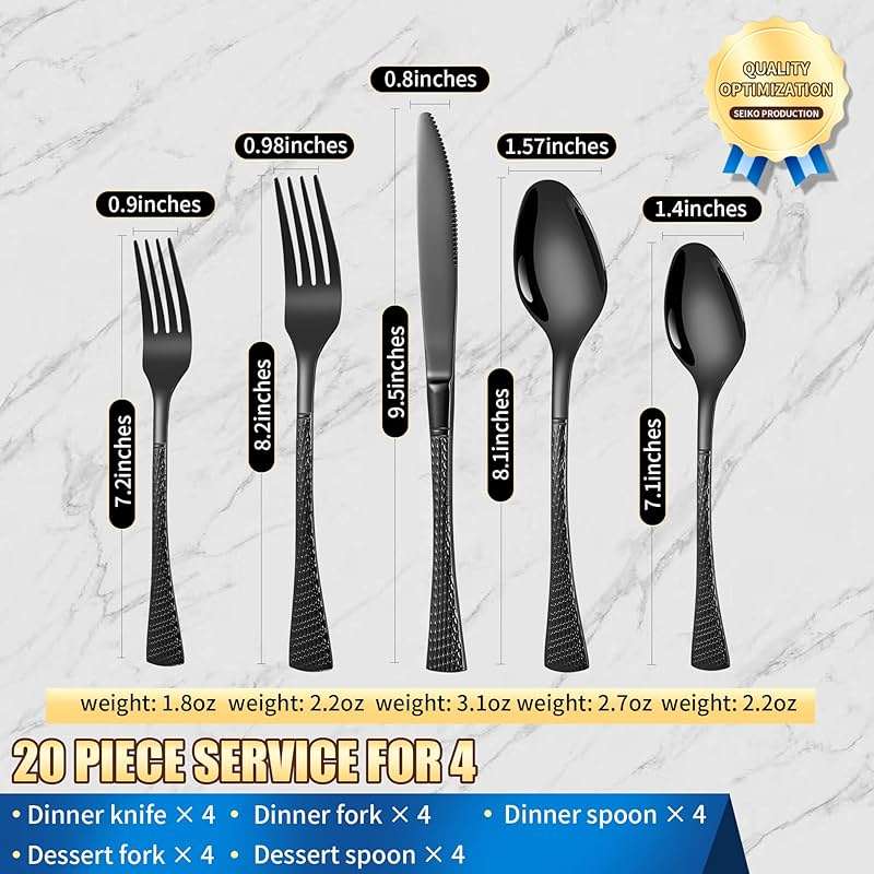 Lemeya Hammered Black Silverware Set,20 Piece Modern Flatware Set Service for 4,Mirror Polished Stainless Steel Cutlery Set Utensil Set Tableware Set,Kitchen Knives Forks Spoons Set,Dishwasher Safe - Image 3