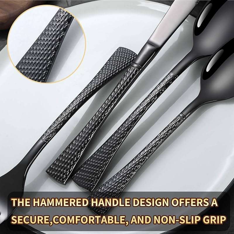 Lemeya Hammered Black Silverware Set,20 Piece Modern Flatware Set Service for 4,Mirror Polished Stainless Steel Cutlery Set Utensil Set Tableware Set,Kitchen Knives Forks Spoons Set,Dishwasher Safe - Image 6