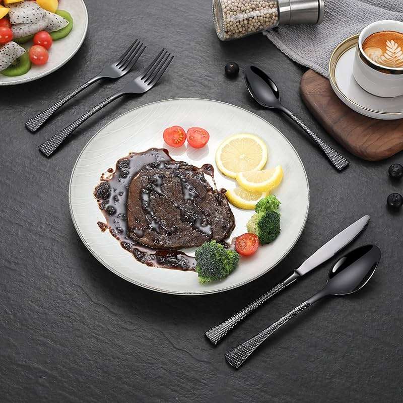 Lemeya Hammered Black Silverware Set,20 Piece Modern Flatware Set Service for 4,Mirror Polished Stainless Steel Cutlery Set Utensil Set Tableware Set,Kitchen Knives Forks Spoons Set,Dishwasher Safe - Image 7