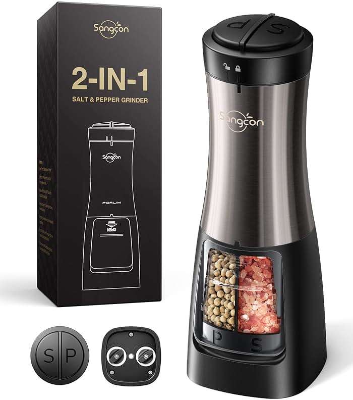 Sangcon 2-in-1 Electric Salt and Pepper Grinder, One Grinder for Two Seasonings, Automatic One-Handed Operation with Light, Adjustable Ceramic Mill, Refillable & Battery Powered - Image 1