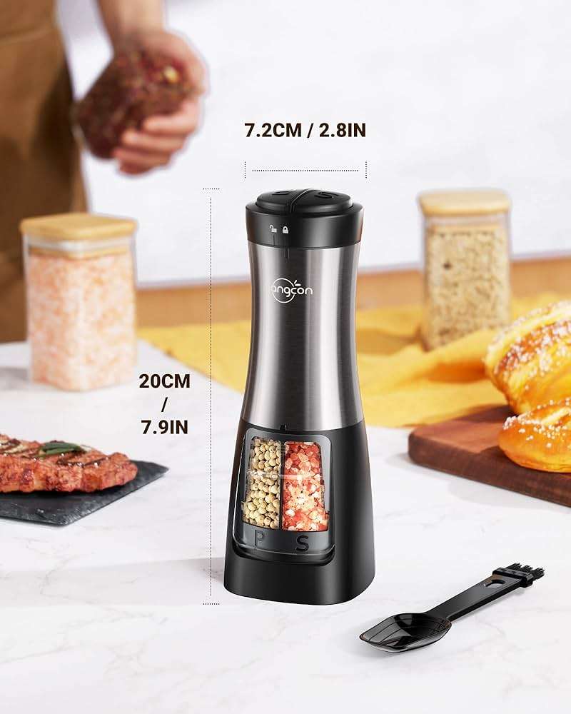 Sangcon 2-in-1 Electric Salt and Pepper Grinder, One Grinder for Two Seasonings, Automatic One-Handed Operation with Light, Adjustable Ceramic Mill, Refillable & Battery Powered - Image 3